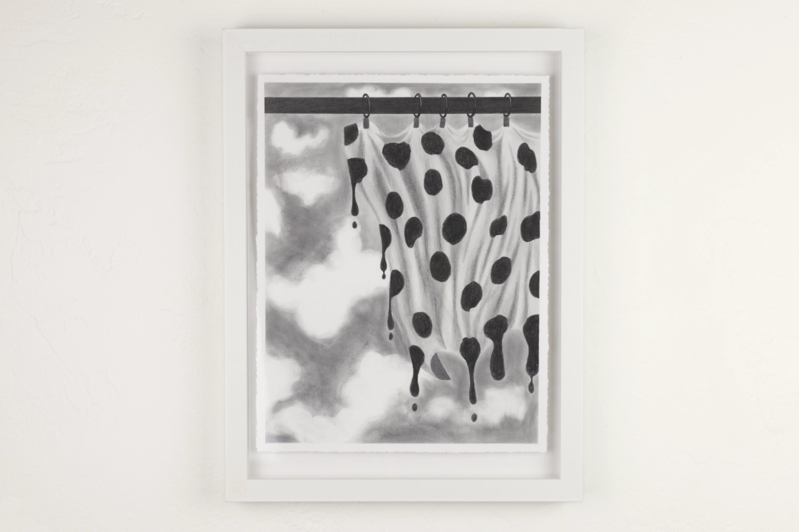 Graphite drawing of patterned fabric forming a drippy dot structure that appears to sag and collapse